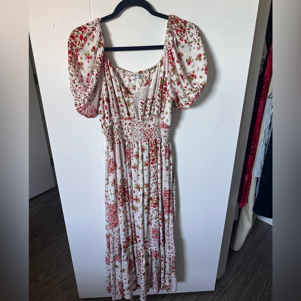 Dex Smocked Red Rose and White Maxi Dress